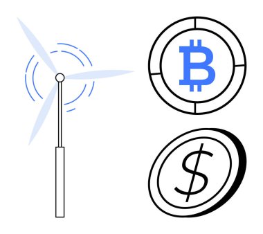Bitcoin ve dolar madeni para temsilcilerinin yanında rüzgar türbini. Sürdürülebilirlik, yeşil enerji, kripto, fintech, ekonomi, yenilik için ideal, basit düz metafor