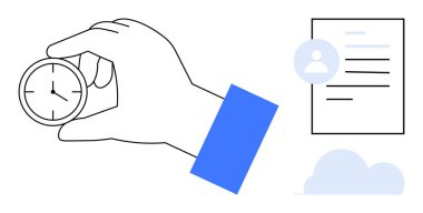 Kullanıcı belgesi ve bulut grafiğinin yanında bir saat tutuyor. Zaman yönetimi, planlama, verimlilik, programlama, uzaktan çalışma, bulut depolama dijital organizasyonu için ideal. Basit düz metafor