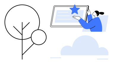 Soyut tasarım, yıldız, stilize ağaç ve bulutlu tablet tutan bir kişi içeriyor. Teknoloji, yaratıcılık, öğrenme, başarı, yenilik sürdürülebilirlik dijital kavramı için idealdir. Basit.