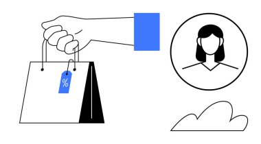 Yüzdelik etiketli el çantası alışveriş satışlarını ve indirimleri vurguluyor. Kadın profili ve bulut müşteri odaklaması, çevrimiçi pazarlama ve promosyonlar öneriyor. Perakende ve reklam için ideal.