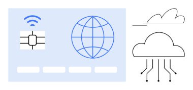Mikroçip, kablosuz sembol, dünya ve bulut birbirine bağlı küresel teknoloji, IoT ve dijital dönüşümü temsil ediyor. Ağ oluşturma, veri, yenilik bulut fintech IOT için ideal