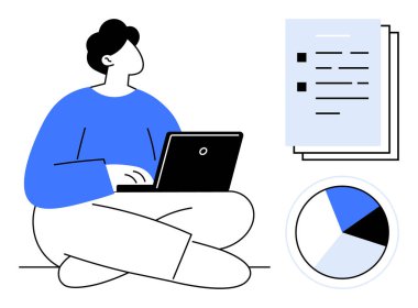 Dizüstü bilgisayarda çalışan biri, istiflenmiş belgeler ve pasta grafiği. İnceleme, uzaktan çalışma, analiz, üretkenlik, veri yönetimi dijital trendlerini rapor etmek için ideal. Basit düz metafor