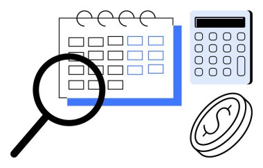 Yakınlarda hesap makinesi ve bozuk parayla büyüteç inceleme takvimi. Zaman yönetimi, muhasebe, bütçe, finansal planlama, maliyet analizi, verimlilik ve strateji için ideal. Basit düz