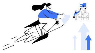 Roket uçuran kadın yenilik ve hırsı sembolize eder. Blok istifleme ve yukarı doğru ok atmayla desteklenir. Başarı, büyüme, takım çalışması, girişimler, motivasyon, liderlik, güçlendirme için ideal