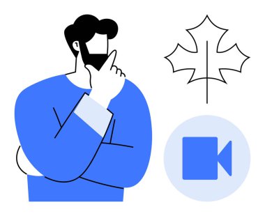 Mavi kazaklı bir adam, elleri çenesinde, akçaağaç yaprağı ve video ikonunun yanında düşünüyor. Yaratıcılık, yansıtma, karar verme, dijital medya, hikaye anlatma, Kanada, içerik oluşturma için idealdir. Basit.