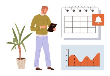 Tablet üzerindeki bilgileri analiz eden adam, hatırlatıcı simgesi olan büyük takvim veri eğilimlerini gösteren çizelge, saksı bitkisi. Üretkenlik, organizasyon, proje planlaması, zaman yönetimi için ideal