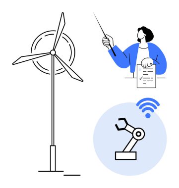 Temiz enerjiyi ön plana çıkaran rüzgar türbini, kablosuz otomasyon yeteneğine sahip robot kol, güverteyi gösteren eğitmen. Eğitim, teknoloji, yenilik, sürdürülebilirlik ve sanayi için ideal