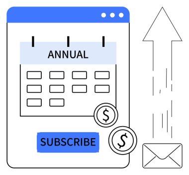 Abonelik düğmesi, ödeme simgeleri, yukarı doğru e-posta okuyla yıllık takvim arayüzü. Abonelik, promosyon, e-ticaret, finans, e-posta pazarlama otomasyonu için ideal. Basit düz