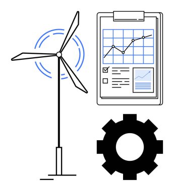 Rüzgar türbini enerji üretiyor, veri tablosu ve dişli mekanizması olan bir pano. Sürdürülebilirlik, temiz enerji, yenilenebilir stratejiler, veri analizi, iş planlaması, çevre dostu büyüme için ideal