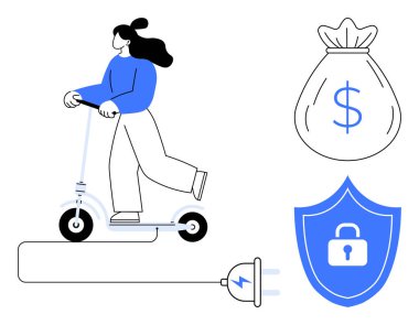 Emobilete binen kadın, elektrik prizi, para çantası ve kilitli kalkan. Çevre taşımacılığı, tasarruf, finans, teknoloji enerji hareketliliği güvenliği için idealdir. Modern basit düz metafor