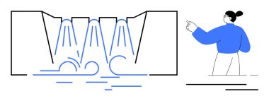 Barajdan akan dinamik su ve olay yerini gösteren biri. Çevresel farkındalık, doğa, su tasarrufu, enerji, hidroelektrik güç, sürdürülebilirlik için ideal