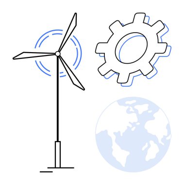 Dönen bıçaklı rüzgar türbini, yeniliği sembolize eden teçhizat ve küresel etkiyi gösteren küre. Yenilenebilir enerji, sürdürülebilirlik, yenilik, çevresel koruma, teknoloji için ideal