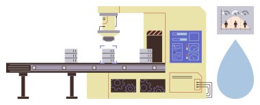 Kaliteli kontrol paneli ve su damlası elementi olan taşıyıcı bant üzerinde robotik kol ambalajlama malzemeleri. Otomasyon, üretim, imalat, robotik, verimlilik, sürdürülebilirlik, teknoloji için ideal