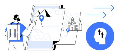 Seyahat konsepti. Konum iğneleri, sırt çantalı bir gezgin ve yön oklarıyla dijital bir haritada seyahat ettim. Seyahat planlama, seyrüsefer, keşif. Turizm için, teknoloji navigasyonu