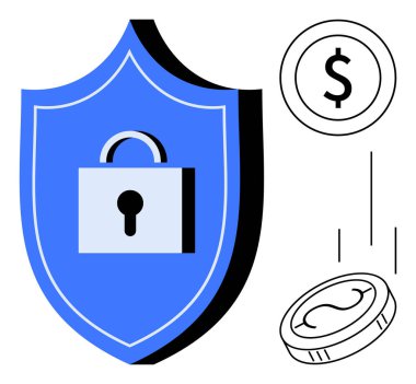 Kilitli mavi kalkan finansal güvenliği simgeliyor. Düşen madeni paralar ve dolar işareti para ve yatırımı temsil eder. Bankacılık, yatırım, finans, güvenlik, tasarruf, sigorta, koruma için ideal