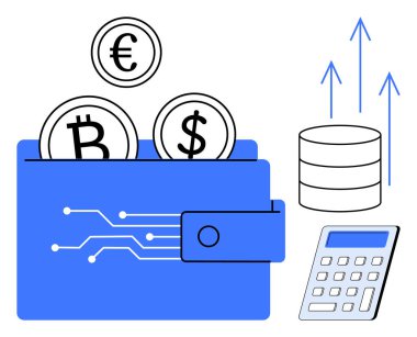 Bitcoin, Euro, Dolar bozuklukları, büyümeyi, veri tabanını ve hesap makinesini gösteren okları olan dijital cüzdan. Kripto para birimi için ideal yatırım büyüme ekonomisi fintech tasarruf kavramları. Basit.