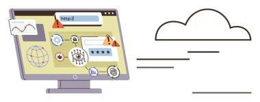 Bir bulut sembolüne bağlı güvenlik simgeleri, uyarılar ve çevrimiçi tarayıcı elemanlarıyla dolu bir bilgisayar ekranı. Siber güvenlik, çevrimiçi güvenlik, teknoloji, ağ oluşturma, veri depolama, dijital