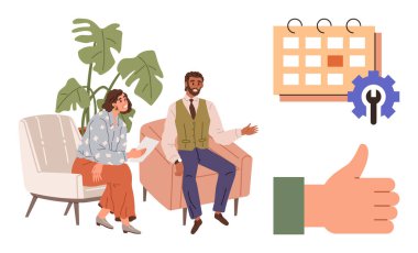 Koltuklarda iletişim kuran iki meslektaş, çarkıfelekli büyük bir takvim ve bir baş parmak işareti. Takım çalışması, planlama, verimlilik, verimlilik, hedef belirleme, karar verme metaforu için ideal