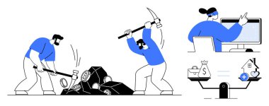 Kripto para madenciliği. İşçiler kripto para bloklarını aletlerle, madencilik operasyonlarıyla söküyorlar. Yatırım, madencilik ve dijital para birimleriyle kripto para dengesi. Fintech için, engelleme zinciri