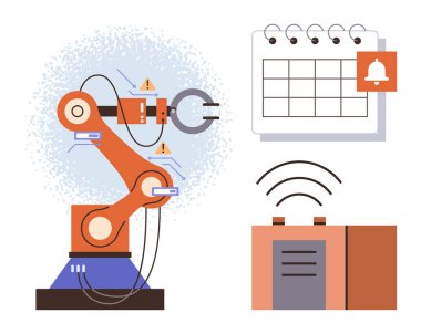 Uyarı sembollü robot kol, hatırlatma zilli takvim ve kablosuz bağlantı sembolü. Otomasyon, robot bilimi, endüstriyel üretim, planlama, loto, basit düz metafor programlama için ideal