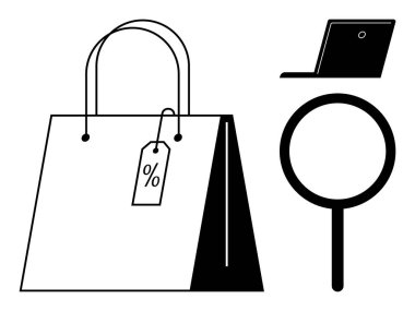Yüzdelik etiketli alışveriş torbası, büyüteç ve online alışveriş, perakende araştırma, e-ticaret pazarlama, satış stratejisi, müşteri içgörüsü, indirim trendleri, basit düz daire.