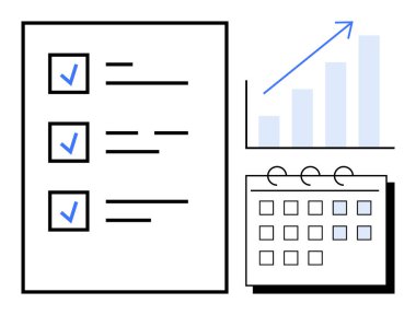Tamamlanmış görevleri olan kontrol listesi, işaretli tarihleri olan takvim ve yukarı doğru grafik büyümesi. Üretkenlik, zaman yönetimi, hedef izleme, planlama, organizasyon ve iş büyümesi için ideal