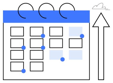 Vurgulanmış girdilerle takvim ızgarası ve büyümeyi, hedefleri ve planlamayı temsil eden yukarı doğru ok. Üretkenlik, strateji, zaman yönetimi, zamanlama, hedef belirleme, organizasyon için ideal