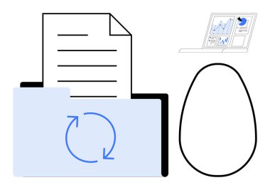 Tazeleme simgesi, yumurta şekli figüratif tasarımı ve dijital grafikleri olan bir dosya klasöründe belge. Veri yönetimi için ideal, yenilik, teknoloji, araştırma, süreç, minimalizm basit düz metafor