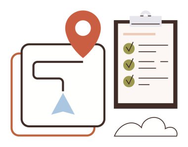 Konum kodlu harita yolu, pano kontrol listesi ve bulut simgesi. Yönlendirme, planlama, navigasyon, proje yönetimi, izleme, organizasyon verimliliği için ideal basit düz metafor