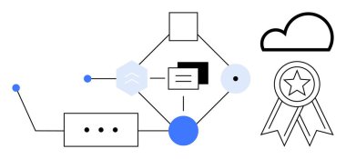 Akış şeması, bulut simgesi ve yıldız ödül rozeti ile dosyalar, bağlantılar ve kararlar gibi çeşitli faaliyetleri birbirine bağlar. Strateji, iş akışı, teknoloji, yenilik ve üretkenlik için ideal başarı