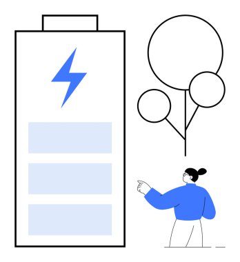 Yıldırım sembollü büyük bir pil, minimalist ağaç dizaynı ve işaret eden biri. Enerji korunumu, sürdürülebilirlik, eko-bilinçli yaşam, yenilenebilir enerji, çevresel farkındalık için ideal