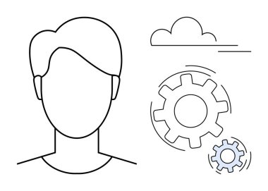 Dönen dişlilerin ve bulut tasvir kavramlarının yanında insan kafası ana hatları yaratıcılığı, problem çözmeyi ve yeniliği destekler. Üretkenlik, takım çalışması, strateji, teknoloji, beyin fırtınası için ideal