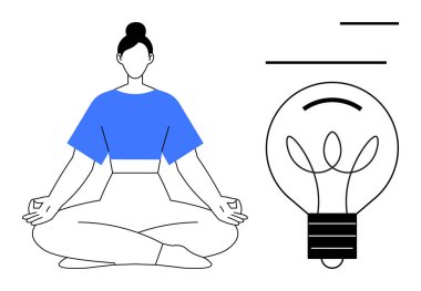 Kadın, ampulle bağdaş kurarak meditasyon yapıyor yaratıcılığı, odaklanmayı ve sakinliği simgeliyor. Farkındalık, meditasyon, yaratıcılık, kendine bakım, yenilik zihinsel sağlık için idealdir. Basit düz