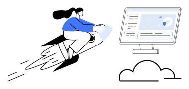 Roketli kadın veri analizi ve grafiklerini gösteren bilgisayar monitörüne doğru itiyor. Ticari büyüme, teknoloji, yenilik, hız, analitik, ilerleme, gelecek kavramları için idealdir. Basit düz