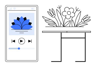 Masada çiçek aranjmanının yanında bir meditasyon uygulaması gösteren akıllı telefon. Sağlık, farkındalık, rahatlama, meditasyon, dijital yaşam tarzı, kişisel bakım ve sükunet kavramları için ideal