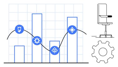 Mevsimlik sembol ve trendlere sahip bar grafiği, ofis koltuğu, vites simgesi, veri analizi. Eğilimler, istatistikler, verimlilik, iş büyümesi, planlama iş akışı için ideal basit düz metafor