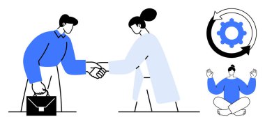 İş adamları el sıkışıyor, dairesel bir okun içinde vites değiştiriyor gelişimi sembolize ediyor bireysel meditasyon yapıyor. İşbirliği, üretkenlik, kişisel bakım, iş akışı için ideal