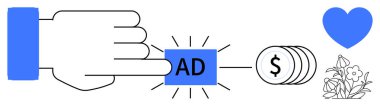 Paraya bağlı parlak efektli el ilanı tuşuna basın. Çiçeklerle sembolize edilen büyüme ve bakım için kalp. Pazarlama, reklam, iş kârı, dijital kampanyalar, ROI için ideal