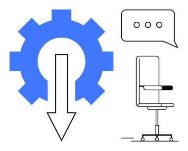İşlem için aşağı doğru ok, iş yeri için ofis sandalyesi, iletişim için konuşma balonu. Üretkenlik, verimlilik, ofis, takım çalışması, iş akışı, işbirliği ve sohbet için ideal