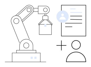 Özgeçmiş ve kullanıcı profili ikonu artı insan figürünün yanında robot kol işleme görevi. İşe alım, insan kaynakları teknolojisi, yapay zeka, otomasyon, süreç verimliliği, iş gücü, basit düz metafor