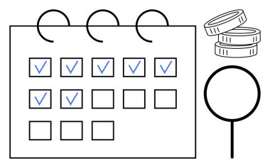 Kontrol işaretleri, madeni paralar, büyüteç, planlama, organizasyon, mali yönetim, görev öncelikleri, verimlilik, bütçe ve hedef takibini simgeleyen takvim işaretli. Kavram için ideal