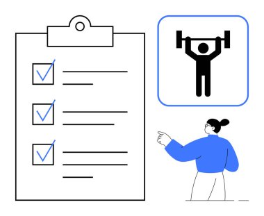 İşaretli görevleri olan kontrol listesi, halterci spor salonunu sembolize ediyor, kadın işaret ediyor. Üretkenlik, sağlık, fitness, planlama, motivasyon hedef belirleme organizasyonu için idealdir. Basit düz metafor