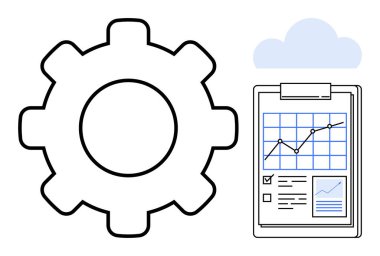 Büyük teçhizat, performans çizelgesi ve kontrol listesi olan pano ve teknoloji, analiz, verimlilik, gelişme, strateji, süreç akışı ve yeniliği sembolize eden bulut. Minimalist düz metafor