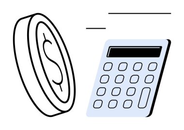 Dolar işaretli ve hesap makineli sikke finansal hesaplama, muhasebe, bütçe yönetimi, finans yönetimi, gider takibi, maliyet analizi ve yatırım planlamasını vurguluyor. Basit bir daire için ideal