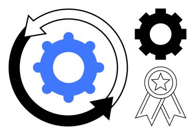 Etrafı yuvarlak oklarla çevrili mavi dişliler, siyah dişliler ve bir yıldız rozeti. Süreç yönetimi, verimlilik, yenilik, takım çalışması, başarı tanıma ve kalite güvencesi için ideal. Basit düz
