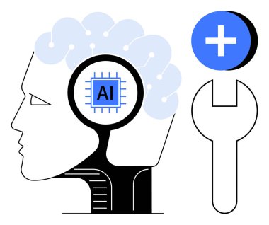 Yapay zeka. Yapay zeka çipi insan beyni konseptiyle bütünleşti. Yapay zeka yeniliği, geliştirme araçları ve teknoloji işbirliği. Al için harika, teknoloji.