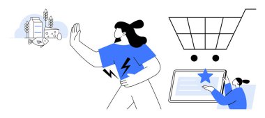 Karnını tutan bir kadın, süt ve peynir ikonlarını reddeden, büyük bir alışveriş arabası sembolü, derecelendirilmiş yıldızlı tablet kullanan biri. Sağlık, beslenme seçenekleri, alerjiler, tüketici alışkanlıkları için ideal, çevrimiçi