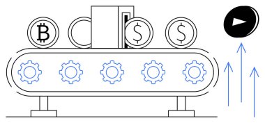 Bitcoin taşıyan taşıma bandı, dolar sembolleri, ve dönen dişlilerin üzerinde oynat düğmesi otomasyonu. Finans, kripto para birimi, fintech, yatırım, süreç yönetimi ve dijital ekonomi için ideal