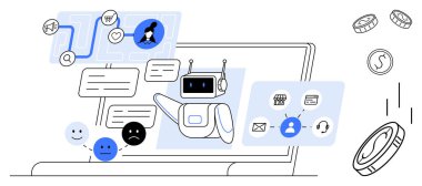 Mesajları kontrol eden robotlar, kullanıcı avatarları, geri bildirim ve dizüstü bilgisayardaki iş akışları. Teknoloji, otomasyon, müşteri desteği, AI çoklu görev verimliliği ve iletişim kavramları için ideal. Basit düz