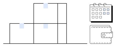 Etiketli üç kutu, zamanlamayı sembolize eden bir takvim ve ödemeyi temsil eden bir cüzdan. Lojistik, e-ticaret, tedarik zinciri, planlama, dağıtım finans verimliliği için ideal. Basit.